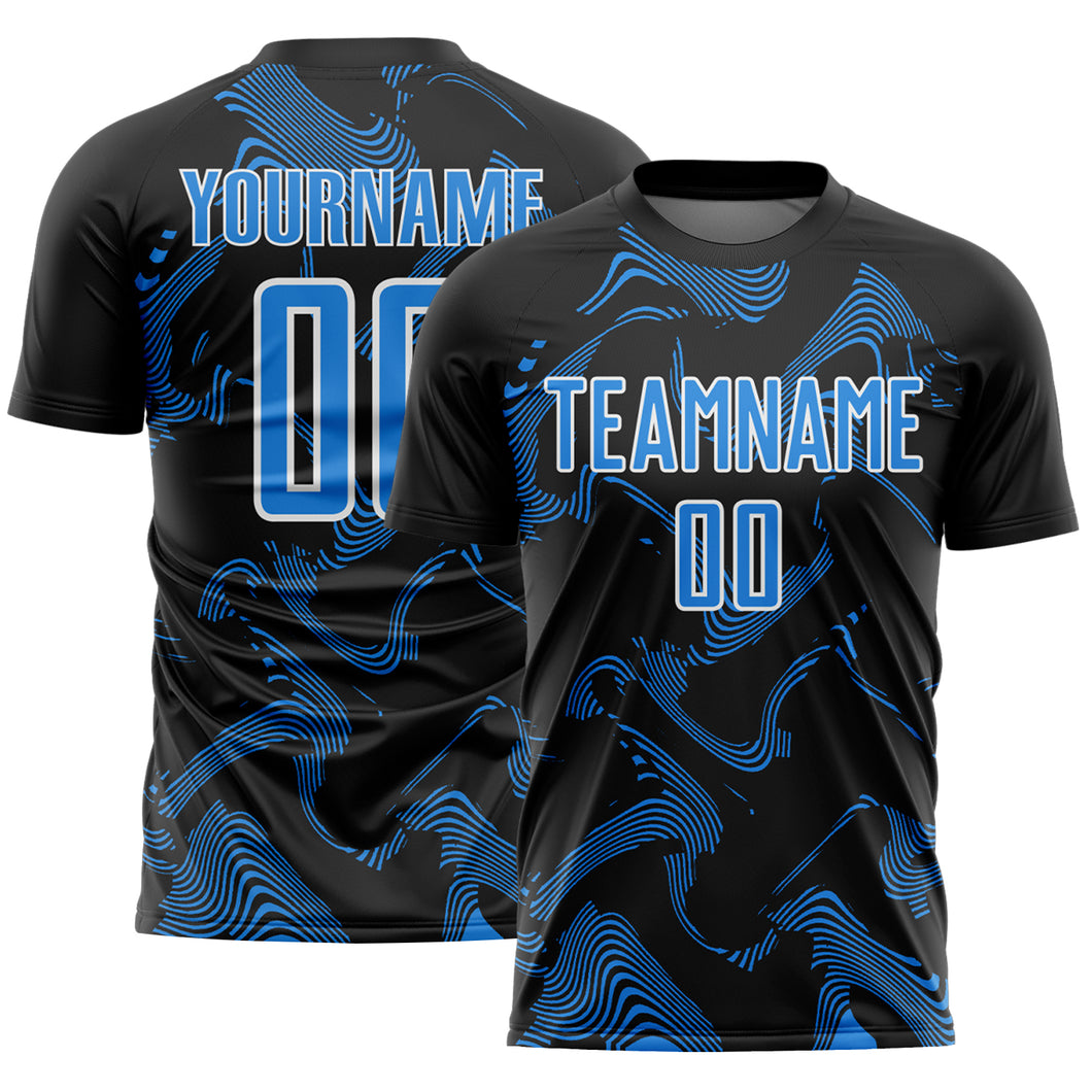Custom Black Powder Blue-White Curve Lines Sports Sublimation Soccer Uniform Jersey