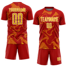 Laden Sie das Bild in den Galerie-Viewer, Custom Red Gold-White Curve Lines Sports Sublimation Soccer Uniform Jersey

