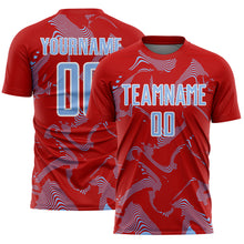 Laden Sie das Bild in den Galerie-Viewer, Custom Red Light Blue-White Curve Lines Sports Sublimation Soccer Uniform Jersey
