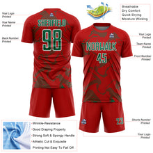 Laden Sie das Bild in den Galerie-Viewer, Custom Red Kelly Green-White Curve Lines Sports Sublimation Soccer Uniform Jersey

