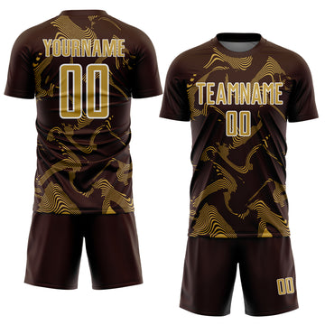 Custom Brown Old Gold-White Curve Lines Sports Sublimation Soccer Uniform Jersey
