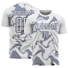 Laden Sie das Bild in den Galerie-Viewer, Custom White Navy Curve Lines Sports Sublimation Soccer Uniform Jersey

