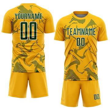 Custom Gold Green-White Curve Lines Sports Sublimation Soccer Uniform Jersey