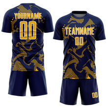Laden Sie das Bild in den Galerie-Viewer, Custom Navy Gold-White Curve Lines Sports Sublimation Soccer Uniform Jersey
