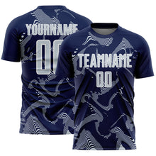 Laden Sie das Bild in den Galerie-Viewer, Custom Navy Silver-White Curve Lines Sports Sublimation Soccer Uniform Jersey
