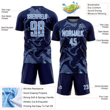Laden Sie das Bild in den Galerie-Viewer, Custom Navy Light Blue-White Curve Lines Sports Sublimation Soccer Uniform Jersey
