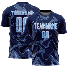 Laden Sie das Bild in den Galerie-Viewer, Custom Navy Light Blue-White Curve Lines Sports Sublimation Soccer Uniform Jersey
