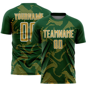 Custom Green Old Gold-White Curve Lines Sports Sublimation Soccer Uniform Jersey