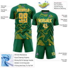 Laden Sie das Bild in den Galerie-Viewer, Custom Kelly Green Gold-White Curve Lines Sports Sublimation Soccer Uniform Jersey
