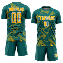 Laden Sie das Bild in den Galerie-Viewer, Custom Teal Gold-White Curve Lines Sports Sublimation Soccer Uniform Jersey
