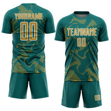 Laden Sie das Bild in den Galerie-Viewer, Custom Teal Old Gold-White Curve Lines Sports Sublimation Soccer Uniform Jersey
