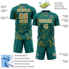 Laden Sie das Bild in den Galerie-Viewer, Custom Teal Old Gold-White Curve Lines Sports Sublimation Soccer Uniform Jersey
