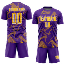 Laden Sie das Bild in den Galerie-Viewer, Custom Purple Gold-White Curve Lines Sports Sublimation Soccer Uniform Jersey
