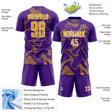 Laden Sie das Bild in den Galerie-Viewer, Custom Purple Gold-White Curve Lines Sports Sublimation Soccer Uniform Jersey
