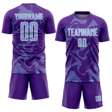 Laden Sie das Bild in den Galerie-Viewer, Custom Purple Light Blue-White Curve Lines Sports Sublimation Soccer Uniform Jersey

