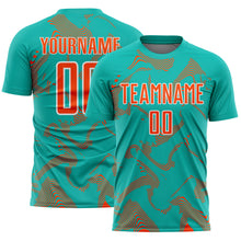 Laden Sie das Bild in den Galerie-Viewer, Custom Aqua Orange-White Curve Lines Sports Sublimation Soccer Uniform Jersey

