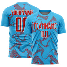 Laden Sie das Bild in den Galerie-Viewer, Custom Sky Blue Red-White Curve Lines Sports Sublimation Soccer Uniform Jersey
