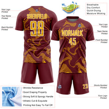 Загрузить изображение в средство просмотра галереи, Custom Burgundy Gold-White Curve Lines Sports Sublimation Soccer Uniform Jersey
