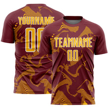 Загрузить изображение в средство просмотра галереи, Custom Burgundy Gold-White Curve Lines Sports Sublimation Soccer Uniform Jersey
