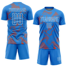Laden Sie das Bild in den Galerie-Viewer, Custom Powder Blue Orange-White Curve Lines Sports Sublimation Soccer Uniform Jersey
