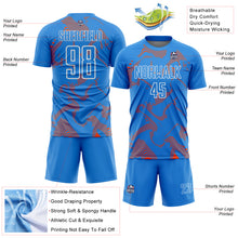 Laden Sie das Bild in den Galerie-Viewer, Custom Powder Blue Orange-White Curve Lines Sports Sublimation Soccer Uniform Jersey
