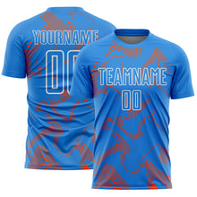 Laden Sie das Bild in den Galerie-Viewer, Custom Powder Blue Orange-White Curve Lines Sports Sublimation Soccer Uniform Jersey
