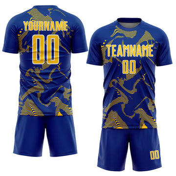 Custom Royal Yellow-White Curve Lines Sports Sublimation Soccer Uniform Jersey