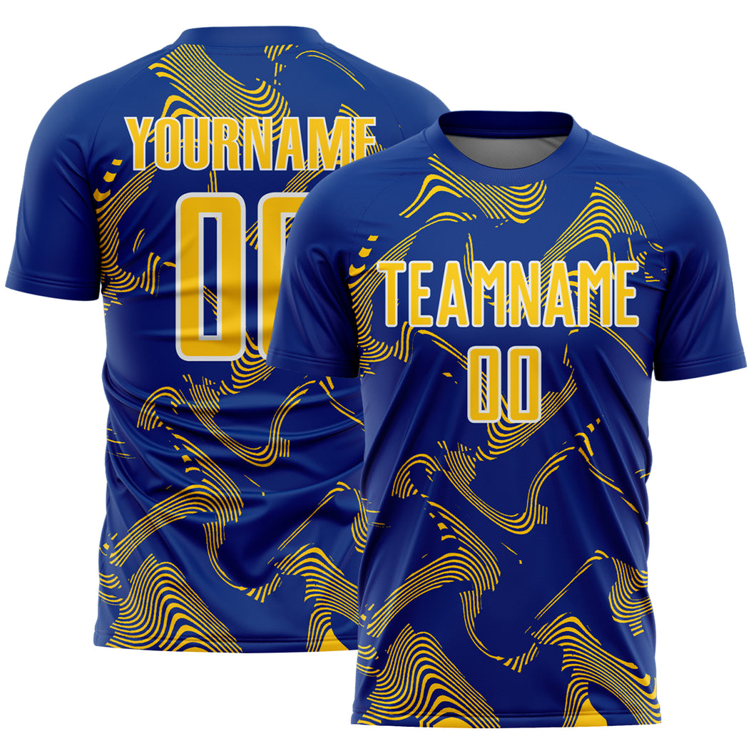 Custom Royal Yellow-White Curve Lines Sports Sublimation Soccer Uniform Jersey