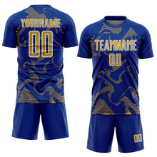 Laden Sie das Bild in den Galerie-Viewer, Custom Royal Old Gold-White Curve Lines Sports Sublimation Soccer Uniform Jersey
