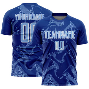 Custom Royal Light Blue-White Curve Lines Sports Sublimation Soccer Uniform Jersey