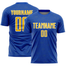 Загрузить изображение в средство просмотра галереи, Custom Thunder Blue Yellow-White Geometric Shape Sports Sublimation Soccer Uniform Jersey
