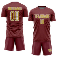 Загрузить изображение в средство просмотра галереи, Custom Burgundy Old Gold-White Geometric Shape Sports Sublimation Soccer Uniform Jersey
