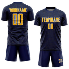 Laden Sie das Bild in den Galerie-Viewer, Custom Navy Gold-White Geometric Shape Sports Sublimation Soccer Uniform Jersey
