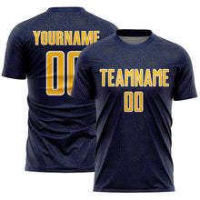 Laden Sie das Bild in den Galerie-Viewer, Custom Navy Gold-White Geometric Shape Sports Sublimation Soccer Uniform Jersey
