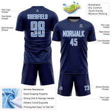 Laden Sie das Bild in den Galerie-Viewer, Custom Navy Light Blue-White Geometric Shape Sports Sublimation Soccer Uniform Jersey
