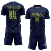 Laden Sie das Bild in den Galerie-Viewer, Custom Navy Neon Yellow Geometric Shape Sports Sublimation Soccer Uniform Jersey

