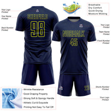 Laden Sie das Bild in den Galerie-Viewer, Custom Navy Neon Yellow Geometric Shape Sports Sublimation Soccer Uniform Jersey
