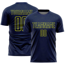 Laden Sie das Bild in den Galerie-Viewer, Custom Navy Neon Yellow Geometric Shape Sports Sublimation Soccer Uniform Jersey
