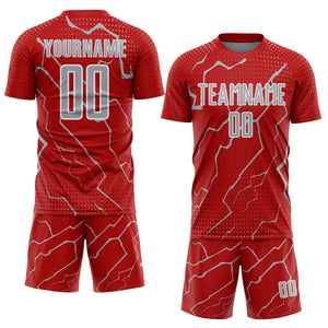 Custom Red Gray-White Lightning Sports Sublimation Soccer Uniform Jersey