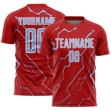 Загрузить изображение в средство просмотра галереи, Custom Red Light Blue-White Lightning Sports Sublimation Soccer Uniform Jersey
