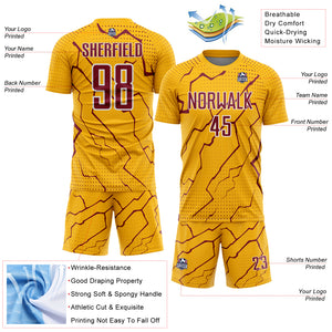 Custom Gold Crimson-White Lightning Sports Sublimation Soccer Uniform Jersey