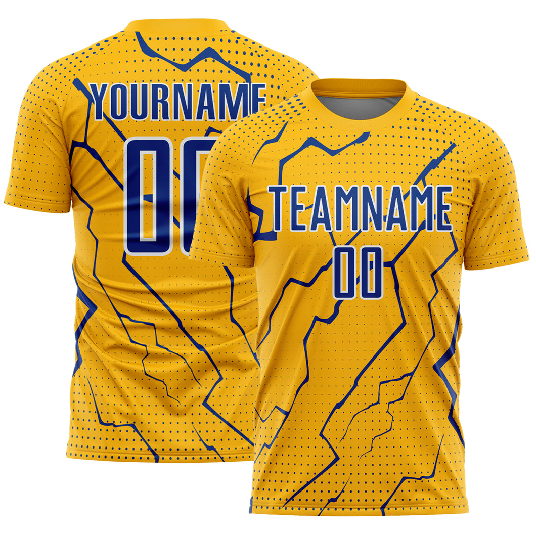 Custom Gold Royal-White Lightning Sports Sublimation Soccer Uniform Jersey