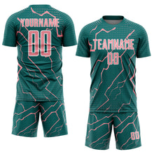 Load image into Gallery viewer, Custom Teal Medium Pink-White Lightning Sports Sublimation Soccer Uniform Jersey
