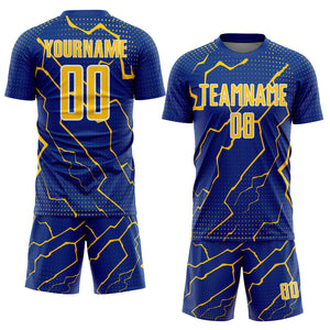 Custom Royal Yellow-White Lightning Sports Sublimation Soccer Uniform Jersey