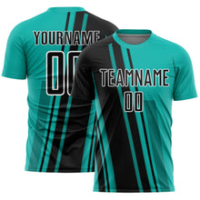 Laden Sie das Bild in den Galerie-Viewer, Custom Aqua Black-White Lines Sports Sublimation Soccer Uniform Jersey
