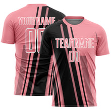 Laden Sie das Bild in den Galerie-Viewer, Custom Medium Pink Black-White Lines Sports Sublimation Soccer Uniform Jersey
