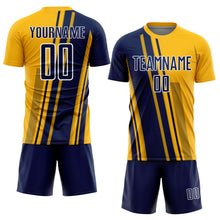 Laden Sie das Bild in den Galerie-Viewer, Custom Gold Navy-White Lines Sports Sublimation Soccer Uniform Jersey

