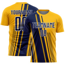 Laden Sie das Bild in den Galerie-Viewer, Custom Gold Navy-White Lines Sports Sublimation Soccer Uniform Jersey
