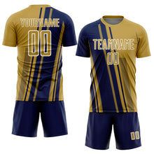 Laden Sie das Bild in den Galerie-Viewer, Custom Old Gold Navy-White Lines Sports Sublimation Soccer Uniform Jersey
