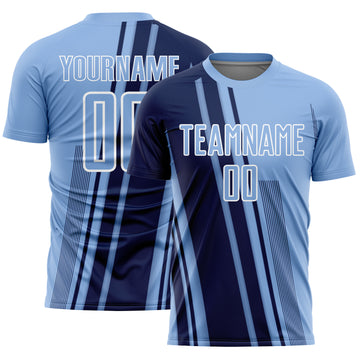 Custom Light Blue Navy-White Lines Sports Sublimation Soccer Uniform Jersey